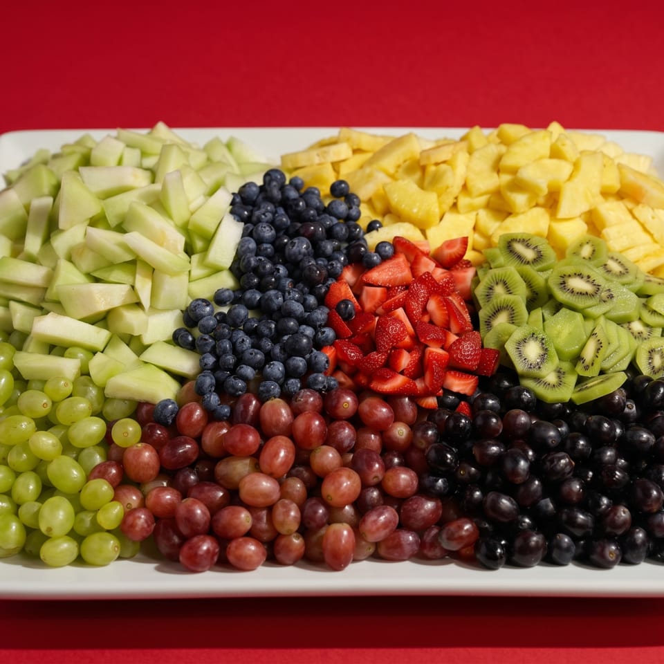 A white platter filled with colorful fresh fruit, including melon, pineapple, blueberries, strawberries, kiwi, and grapes.