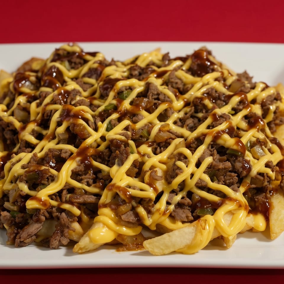 A white rectangular plate filled with golden french fries, topped with ground beef, cheese sauce, and gravy.