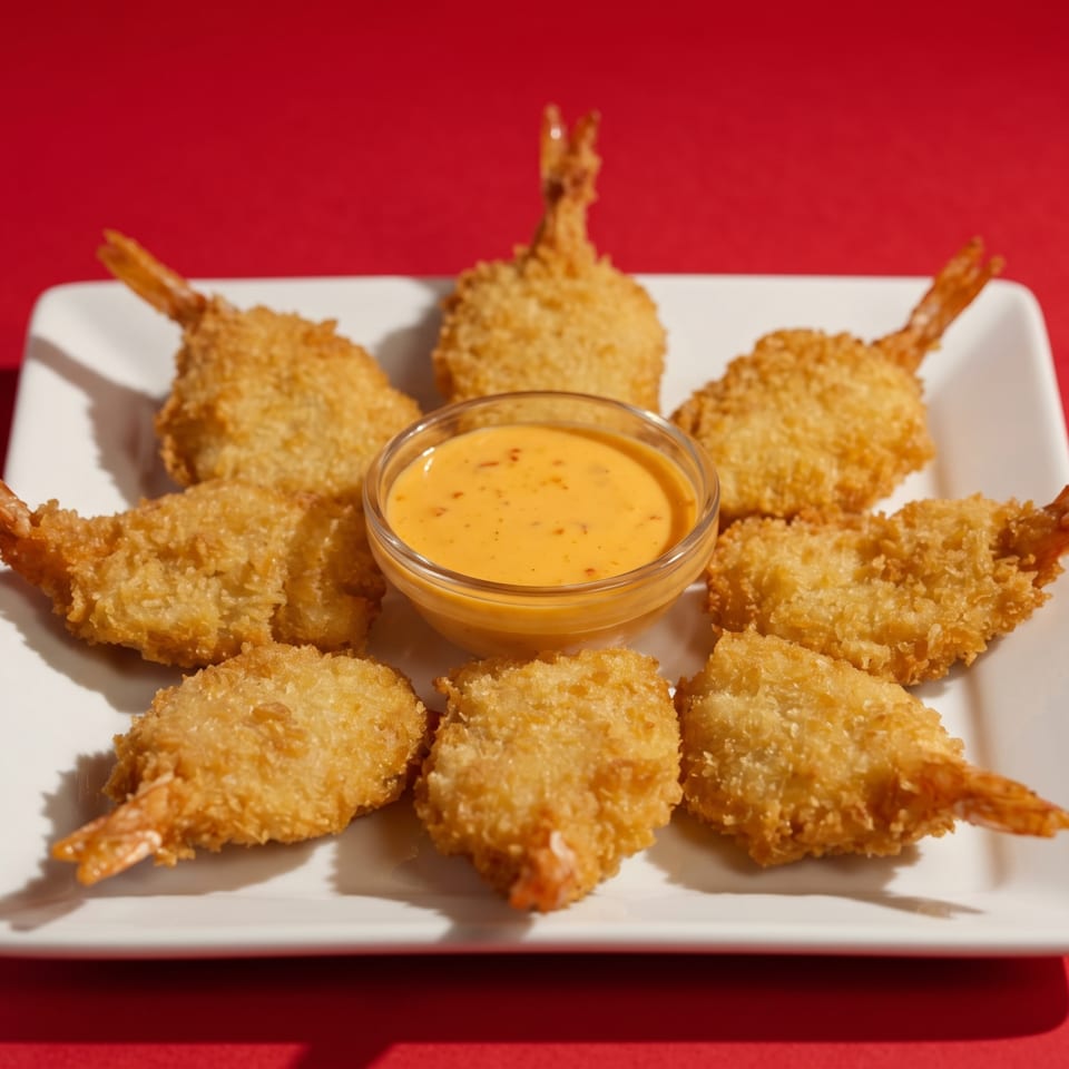Eight golden-brown fried shrimp with tails on, arranged around a bowl of orange dipping sauce on a white plate.