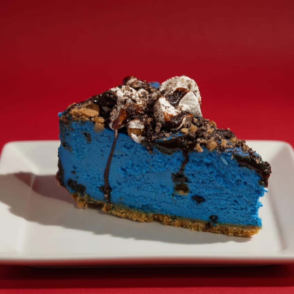 Slice of vibrant blue cheesecake with whipped cream, chocolate drizzle, and cookie crumbles on a white plate.