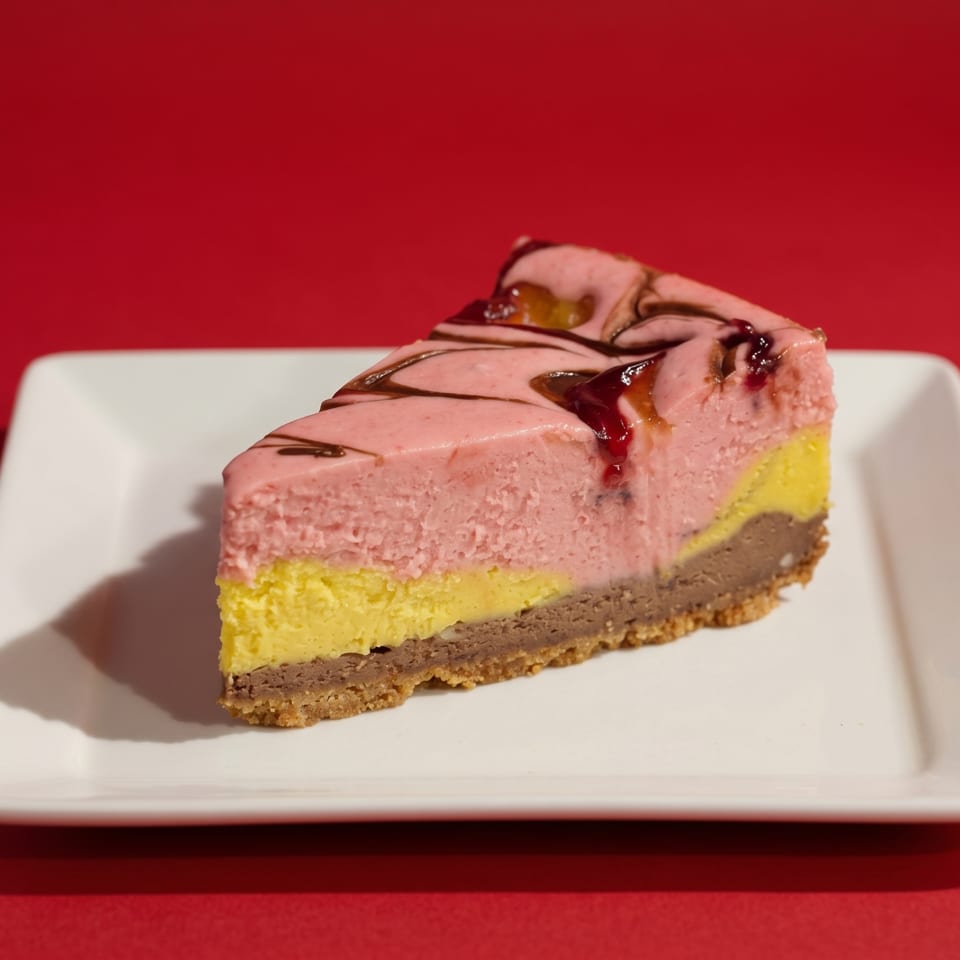 Slice of layered pink, yellow, and brown cheesecake with chocolate and berry drizzle on a white plate.