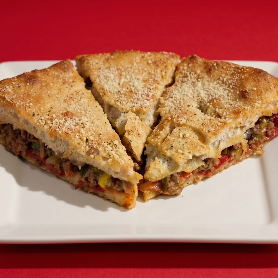 Three slices of a calzone filled with meat and vegetables, topped with parmesan cheese, on a white plate.
